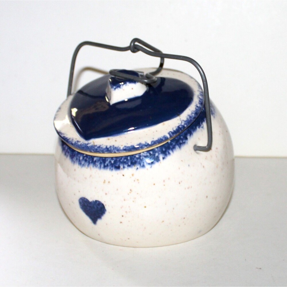 Crock w Locking Lid Tilted Blue Heart canister ceramic farmhouse kitchen decor